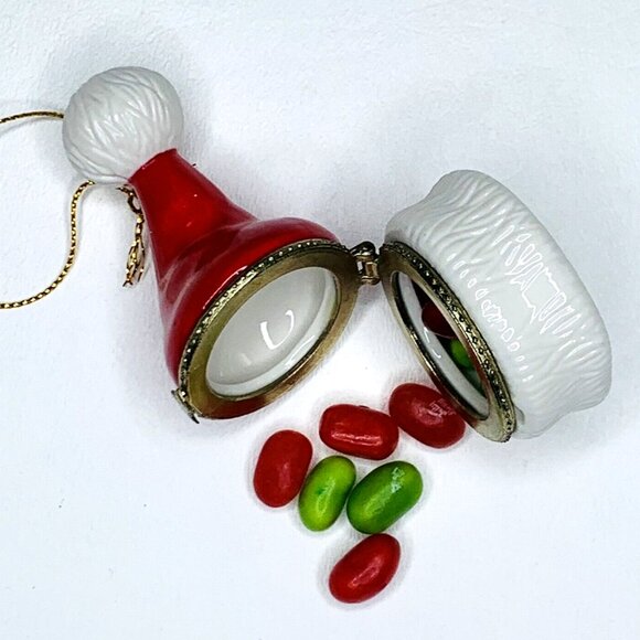 Santa Clause Hat Porcelain Hinged Surprise Gift Trinket Box Christmas Ornament - Picture 2 of 5